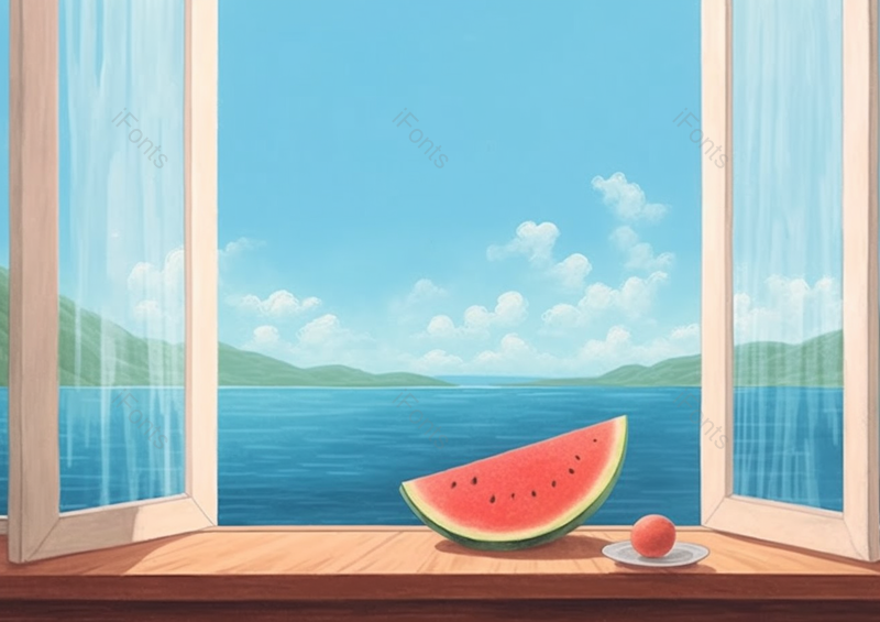 别墅海景窗户前的西瓜,插画/手绘图,插画/手绘图库,插画/手绘图下载,插画/手绘